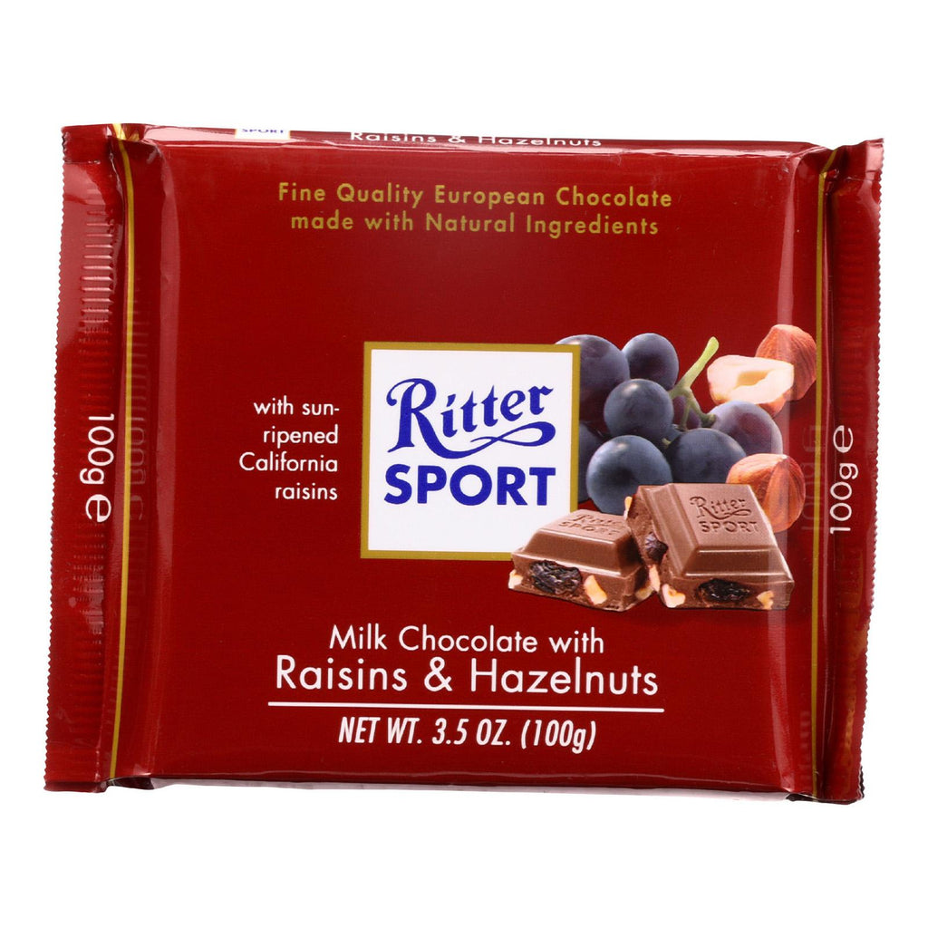 Ritter Sport Chocolate Bar - Milk Chocolate - Raisins And Hazelnuts - 3.5 Oz Bars - Case Of 12