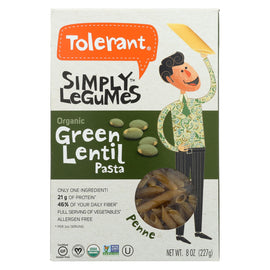 Tolerant Simply Legumes Green Lentil Pasta - Penne - Case Of 6 - 8 Oz.