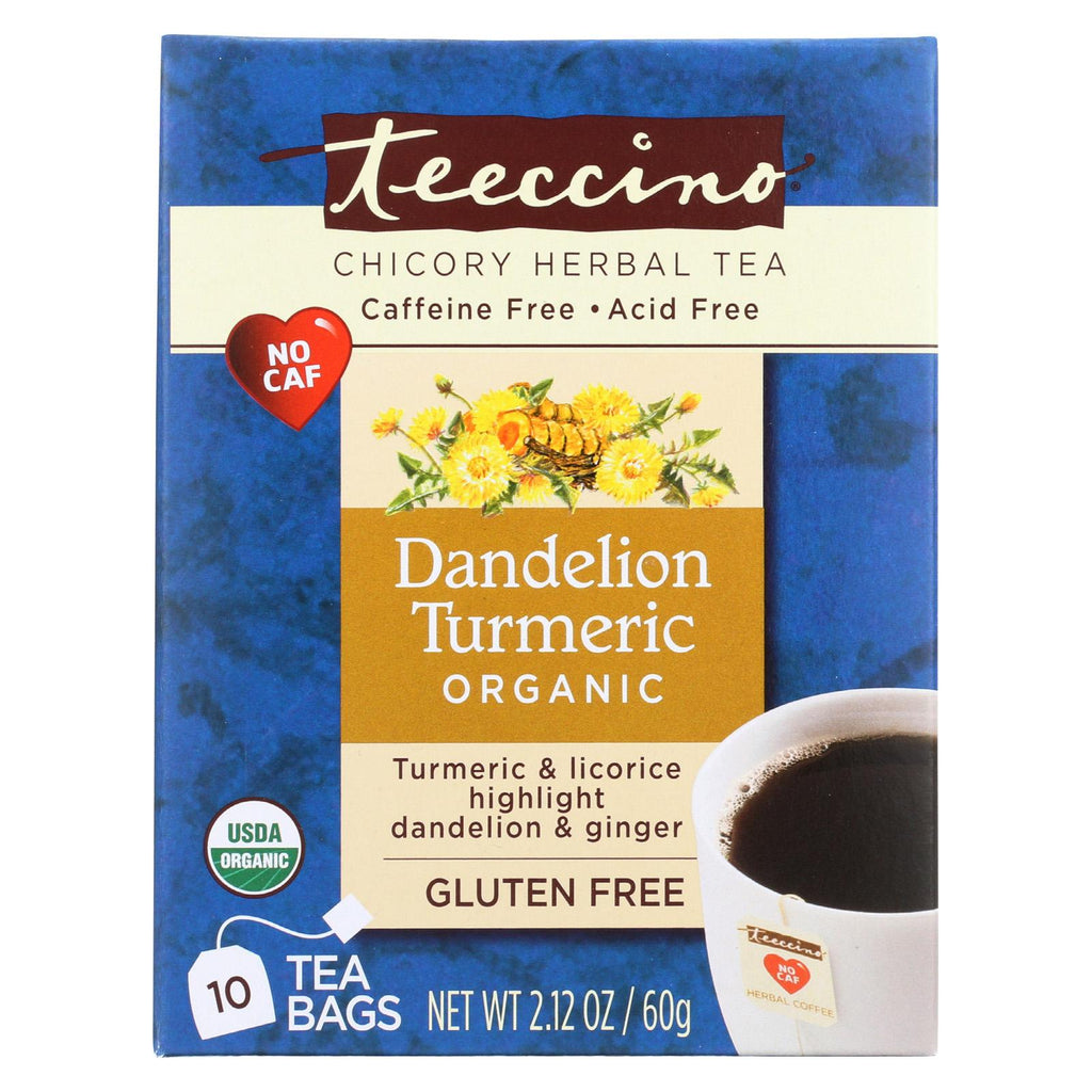 Teeccino Organic Chircory Herbal Tea - Dandelion Turmeric - Case Of 6 - 10 Bag