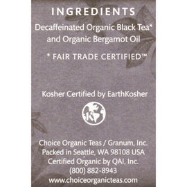 Choice Organic Teas Decaffeinated Earl Grey Tea - 16 Tea Bags - Case Of 6