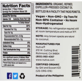 Nutiva Coconut Oil - Organic - Superfood - Refined - 15 Oz